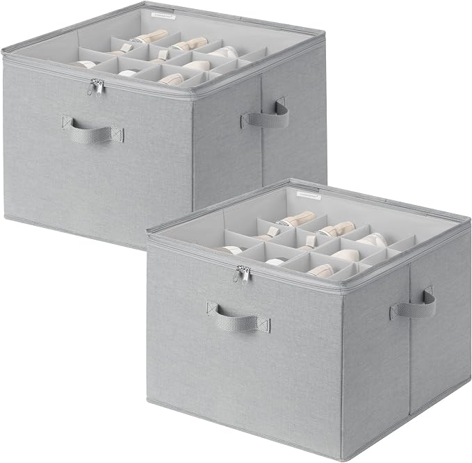 StorageWorks 2-Pack 32-Pair Shoes Organizer with Adjustable Dividers, Grey | Holds up to 16 Pairs Each, Foldable, Clear Lid, Reinforced Handles, Fits Sneakers, Sandals & Flats, For Closet, Entryway