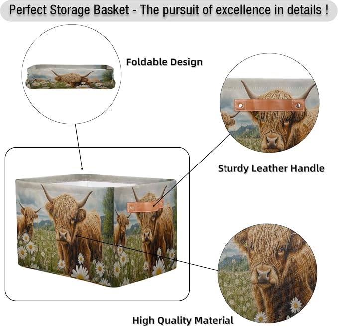 Daisy Flowers Highland Cows Storage Boxes Theme Storage Nursery Baskets with Handle Closet Collapsible Organizer Shelf Bins for Book Cloth 15 X 11 X 9.5 IN