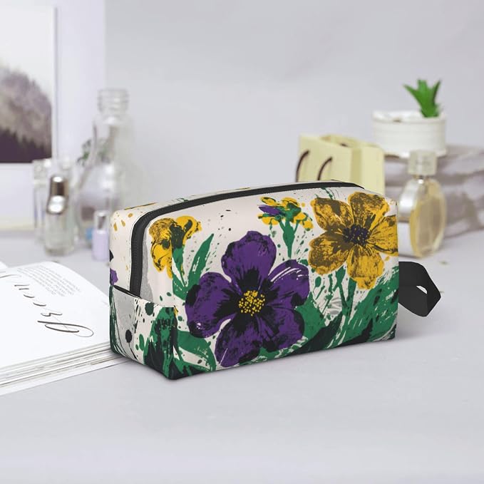 Purple & Yellow Floral Makeup Bag - Durable 600D Oxford Fabric Travel Cosmetic Bag, Shockproof Foam Padded Toiletry Organizer for Gym & Daily Use 10x6.2x4.9 Inch