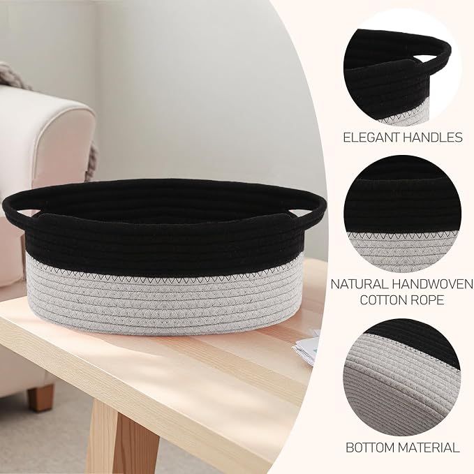 JMvicyroam Small Woven Basket, Empty Gift Basket, Black&Grey/1 Pack | Small Gift Basket, Cotton Rope, 12 x 8 x 78 in, Handles, Includes Ribbon and Bag, Birthday Gift Basket