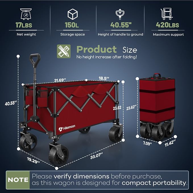 HIKEMOON 150L Collapsible Wagon Compact with Big Wheels, 420LBS Red | Wagons Carts Foldable, Heavy Duty, Portable, All-Terrain, Utility Folding Cart for Shopping/Beach/Garden/Camping/Sports