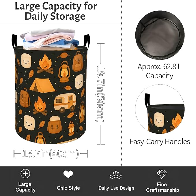 Camping Laundry Basket, Cute Campfire Foldable Oxford Cloth, Waterproof Dirty Clothes Hamper with Handles, Clothing Storage Bin Toy Organizer for Bedroom Dorm Bathroom, 19.7"x15.7"