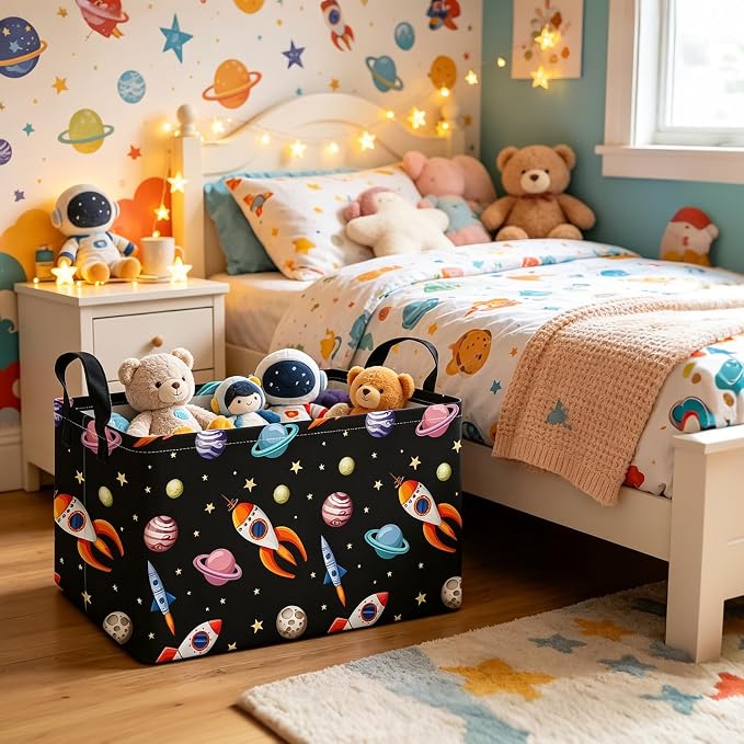 Rectangular Space Planet Rocket Storage Bin Boys Toy Organizer | Laundry Hamper Foldable Canvas with Handles for Organizing Home Kitchen Children Toys Office Closet Shelf Baskets