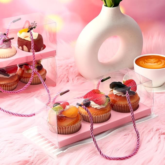 Thenshop 40 Pcs Clear Cupcake Boxes 9x3x3 in 3 Compartment Holder,Pink | Transparent Holders with Handles, Individual Pastry Display for Wedding Graduation Party Favors Cookies Treats Gifts