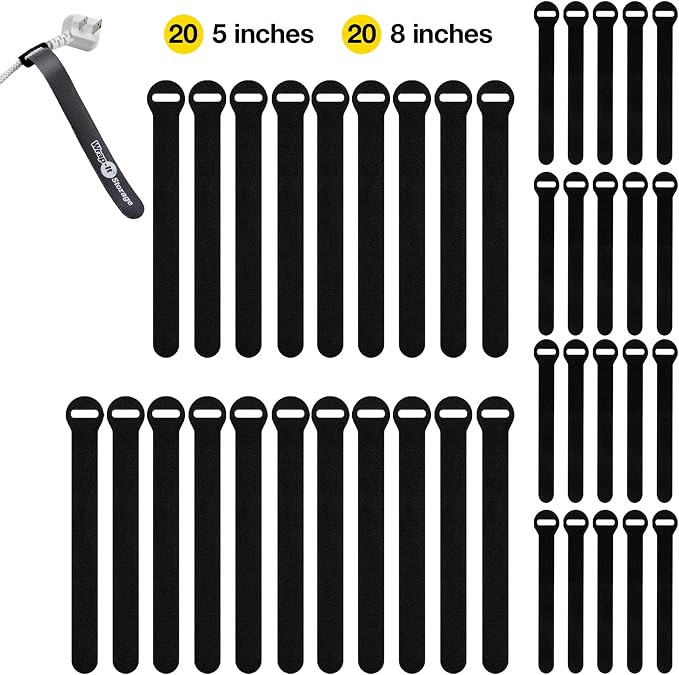 Self-Gripping Cable Ties by Wrap-It Storage - Assorted 40-Pack Black | Reusable Hook and Loop Cord Organizer Cable Ties for Cord Management and Desk or Office Organization