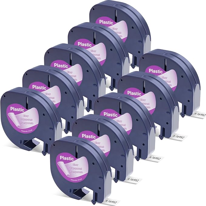 Compatible with Dymo LetraTag Refills 16952 Clear Plastic Label Tape 1/2'' x 13' (12mmx4m), for Dymo Label Maker Refill LetraTag Plus LT-100H LT-100T 200B, Black on Clear, 10Pack