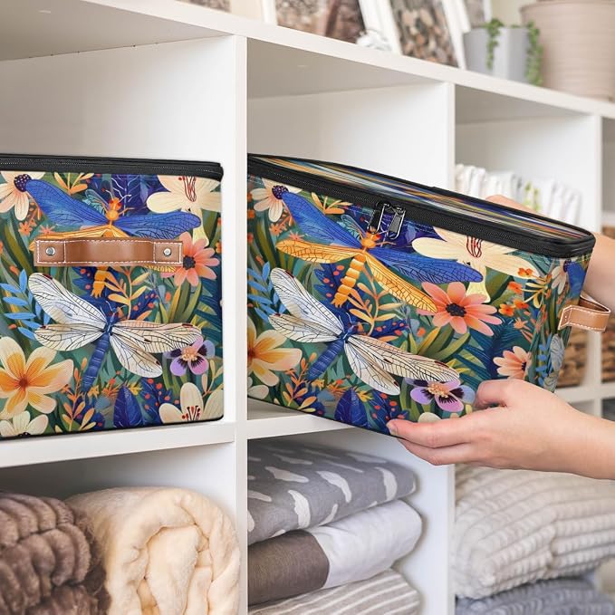 Storage Bin Dragonfly Florals Storage Baskets with Zipper Lid & Handle Foldable Closet Shelf Cloth Organizer Basket Cube Bins Clothes Organizer for Nursery, Bedroom