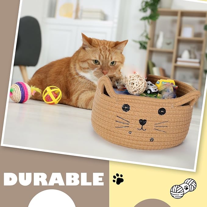 Zopeal Cat Storage Basket Woven Organizer with Ears Decorative Gift Cute Cotton Rope Pet Toy Basket for Gift Cat Dog Toy Bin Nursery Room(13.7 x 7.8 Inch,Khaki)