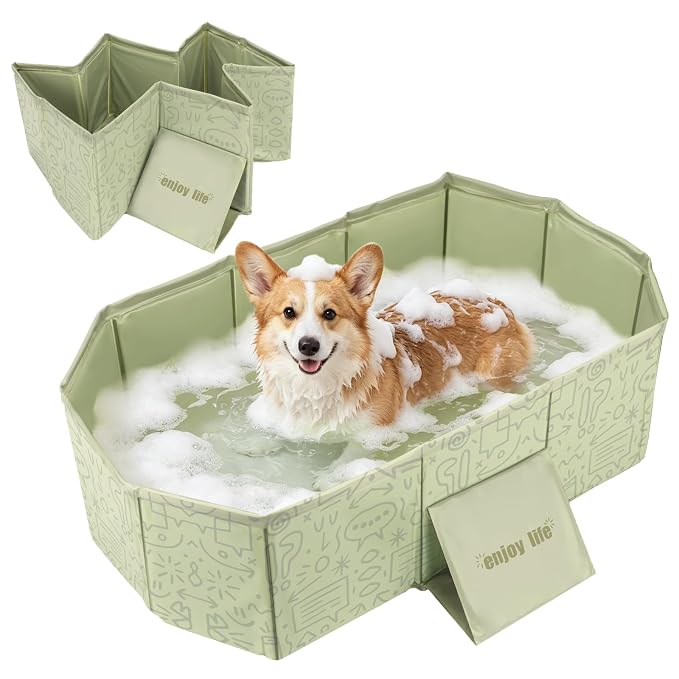 YUEPET Foldable Dog Bathtub for Small-Medium Dogs, Portable Dog Tub, Green | Pet Bathtub and Dog Bath Tub, Drain Plug, Non-Slip PVC Bottom, Folds Flat for Storage, Puppy Pool Use, Small and Medium Dogs