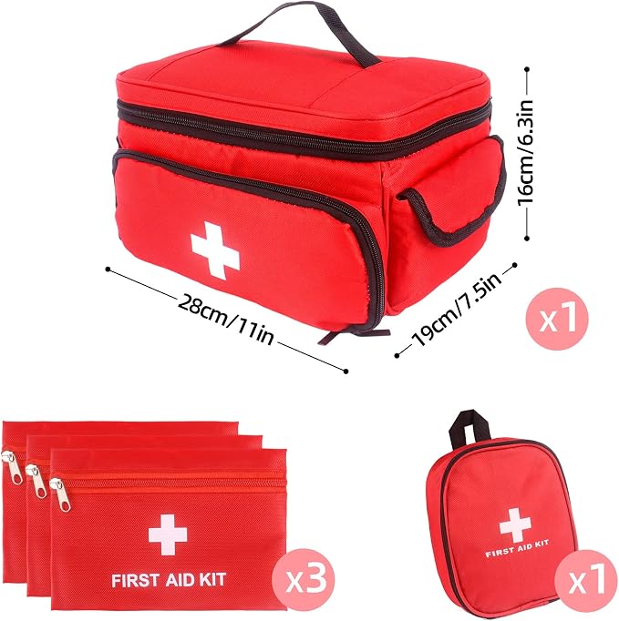 First Aid Bag Empty, 5-Piece Set with Large Medical Organizer, 3 Portable Pouches & Carry Bag for Pet First Aid Kits, Home Adventure Travel Medical Supplies (Red)