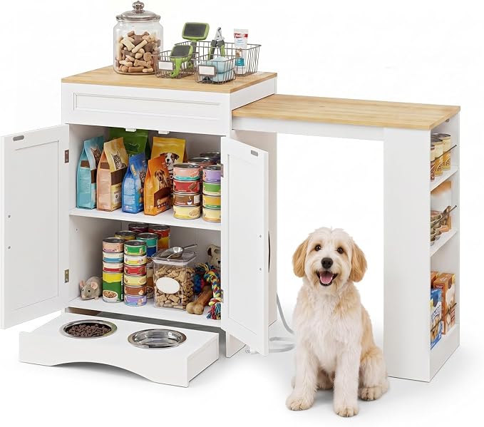 Furnaza 49.2" Dog Food Storage Cabinet with Power Outlets and Hidden Bowls | Wood Kitchen Island with 3-Tier Shelf ,Pull-Out Countertop,Pet Feeding Station for Small Space, Kitchen, Living Room,White