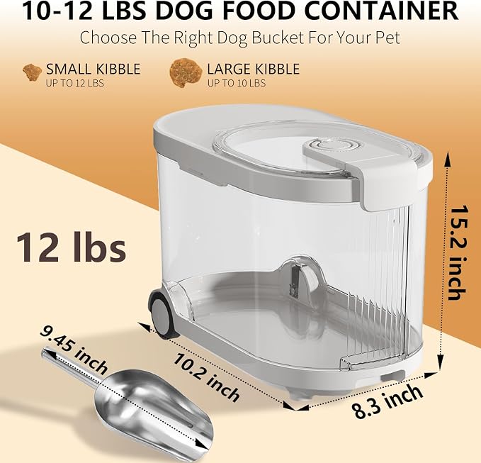 Airtight Dog Food Storage Container with Desiccant Chamber,Cat Food Storage with Timer,Wheels & Scoop,7 Liter,10-12 lbs/7 kg,for Small Dog,Cat & Bird Feed,Clear BPA-Free Slim Rolling Bin with Lid