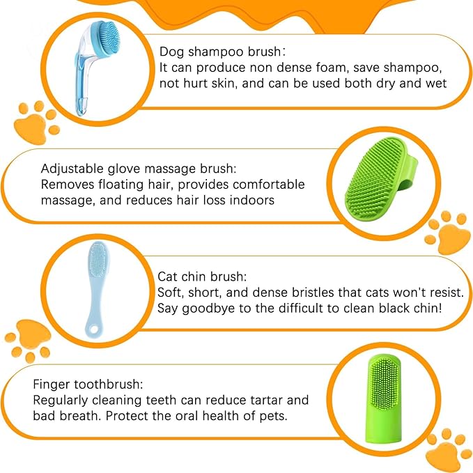 7 PCS Pet Bath Brush Set, Dog Bath Brush with Shampoo Dispenser, Cat Chin Cleaning Brush, Dog Toothbrush, Adjustable Glove Massage Brush Pet Scrubber for Bathing Long Short Haired Dogs Cats (Rose Red)