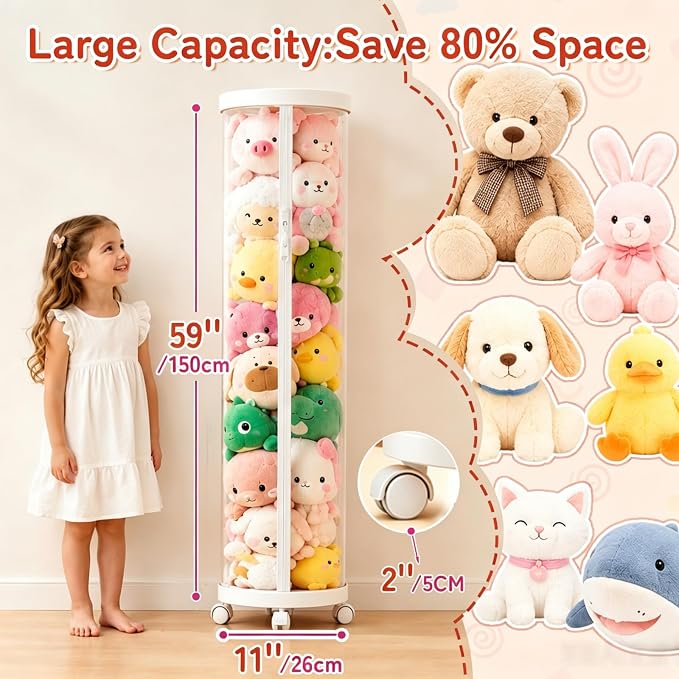 Large Stuffed Animal Storage Tube with Wheels, 59''×11''Toy Organizer with Double Zipper, WhiteClear PET Cylinder Container for Plush Toy Organization, Space Saving Kids Room Storage