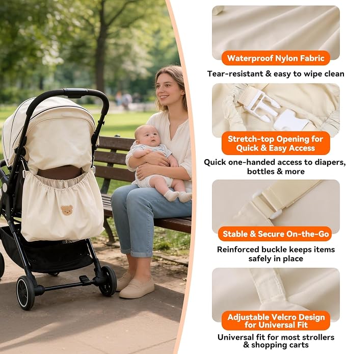 Universal Stroller Organizer Nylon Stroller Storage Bag for Baby Essentials | Large Capacity, Non-Slip, Adjustable, with Hook & Loop, Cargo Bag for Umbrella & Pet Stroller Accessories, Beige Bear