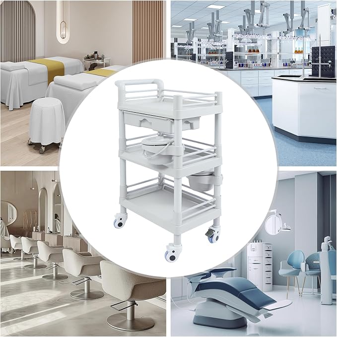 Mobile Salon Storage Cart with Wheel and Drawer, Portable 3-Tier Professional Trolleys, 176 Lbs Load Utility Tool, for Barber Stores, Spas, Homes, Beauty Store, Pet Shops (Grey)