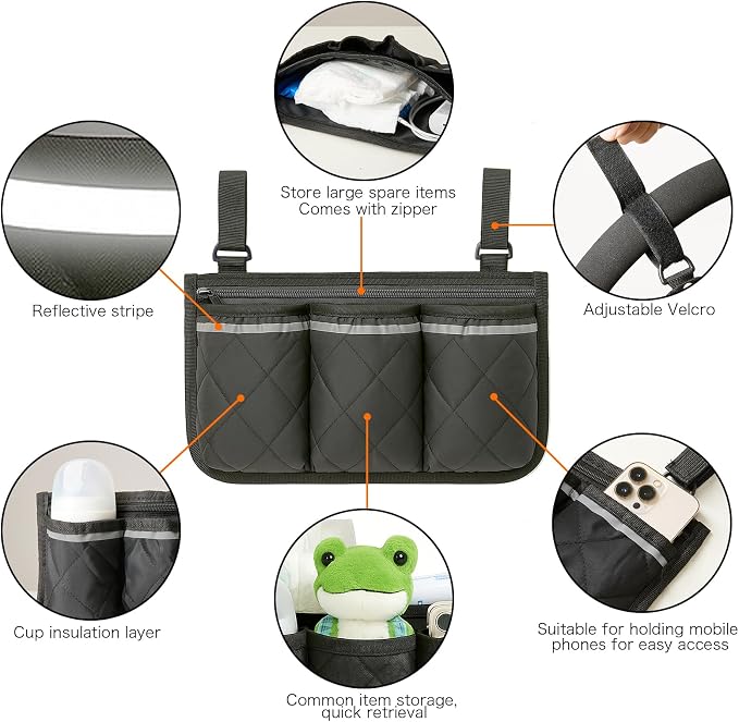 Stroller Caddy Stroller Organizer With Cup Holder, Non Slip Straps Stroller Bag for Phone, Pet Stroller Accessories,Universal Stroller Organizer,Fits Single & Double Strollers