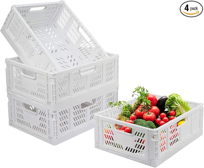 4-Pack Folding Storage Boxes Crate Collapsible Plastic Drawer Organizer , Stackable Shelf Storage Basket Food Fruit Vegetables Bottles Toy Organiser Baskets for Home Office Bedroom Kitchen -White