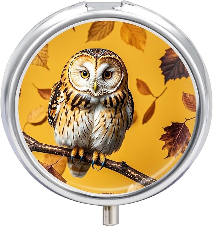 3 Compartment Medicine Pill Case, Owl Branch Round Pill Box, Portable Decorative Medicine Organizer for Pocket Or Purse Vitamin Organize
