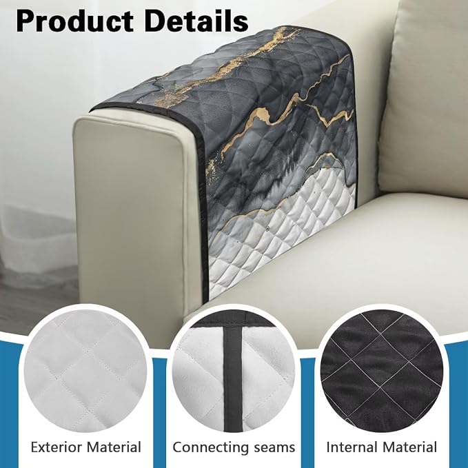 Grey Marble Stretch Sofa Armrest Covers Arm Cover for Chairs Anti-Slip Couch Armrest Covers with 2 Pockets Furniture Armrests Protector for Sofa Couch Chair Recliner