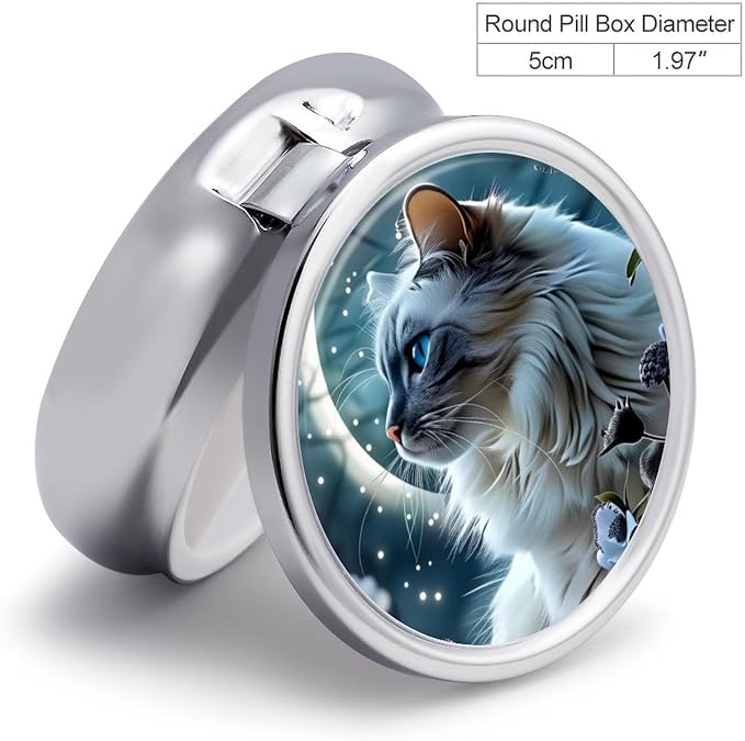 White Cat Pattern Metal Round Pill Box, 3 Compartment Travel Organizer, Portable Pill Container with Secure Latch, 2 Inch Circular Vitamin Caddy for Pills and Vitamins, Gift for Him Her Elderly