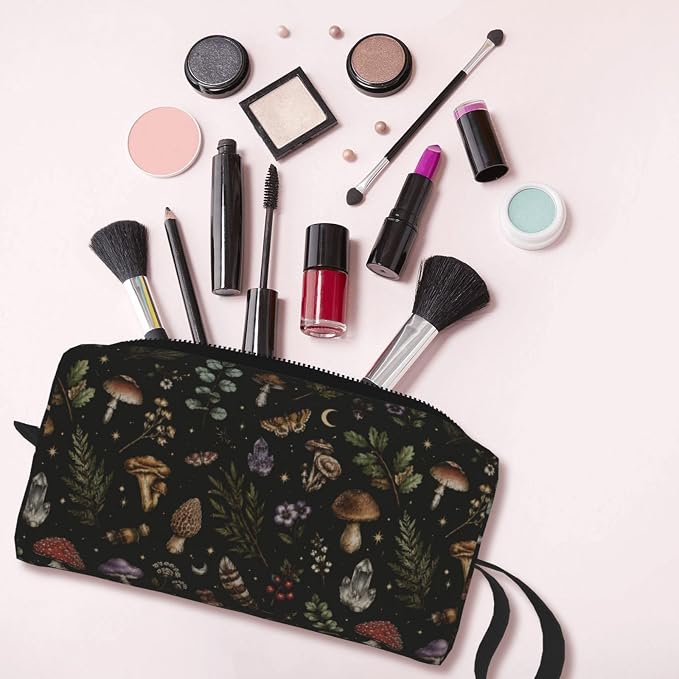 Dark Gothic Forest Botanical Makeup Bag for Women Mushroom | Small Travel Cosmetic Pouch with Zipper, Compact Makeup Organizer Bag for Purse, Toiletries, Skincare & Daily Essentials