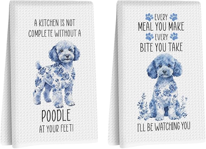 Hanamiya Na 2 Pcs Chinoiserie Poodle Kitchen Towels 24x14 Inch, Poodle Gifts Reusable Dish Towels for Kitchen Decor, Blue and White Floral Waffle Weave Hand Towel, Funny Dog Gifts for Women Mom