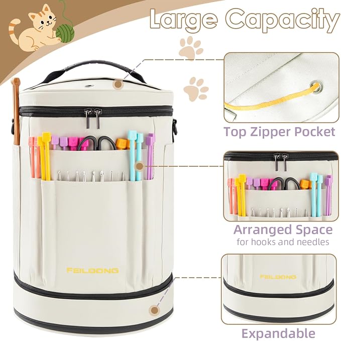 Expandable Crochet Bag Organizer, Yarn Knitting Storage, White | Sturdy Light Yarn Tote, Multiple Pockets and Yarn Holes, with Accessories Pouch shoulder strap, Portable, Gift for Crafters