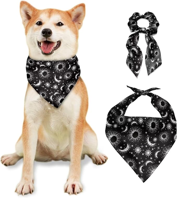 COEQINE Christmas Dog Bandanas Bulk for Small Medium Large Dogs Bandana with Bow Hair Ties for Owner Black Gothic Stars Moon Pattern Holiday Costume for Pet and Adult Costume