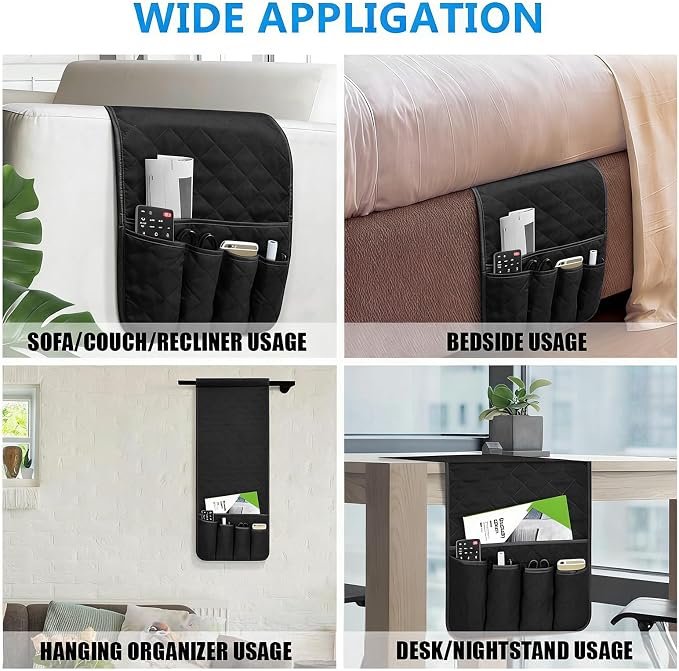 Armchair Caddy for Recliner, Non Slip Sofa Arm Organizer, Black | 5-Pocket Recliner Armrest Organizer, Couch Side Storage Holder for Remotes, Cell Phone, Magazines & Tablets, Machine Washable