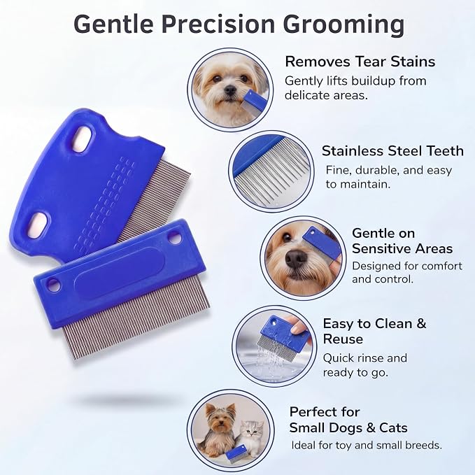 Pets&Goods Tear Stain & Flea Remover Comb Set for Dogs & Cats – Stainless Steel Eye Grooming Tool for Stains, Crust & Mucus – Gentle, Safe, Reusable – Pack of 2
