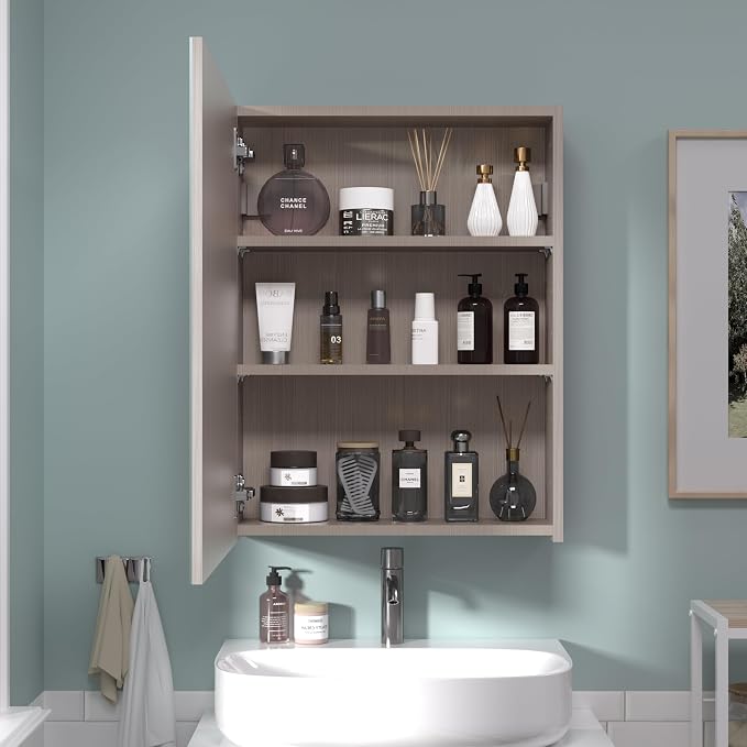 26x20 inch Bathroom Wall Cabinet, Saver Storage Cabinet, Medicine Cabinet with 1 Door and Adjustable Shelves, Grey（Assembly Required）