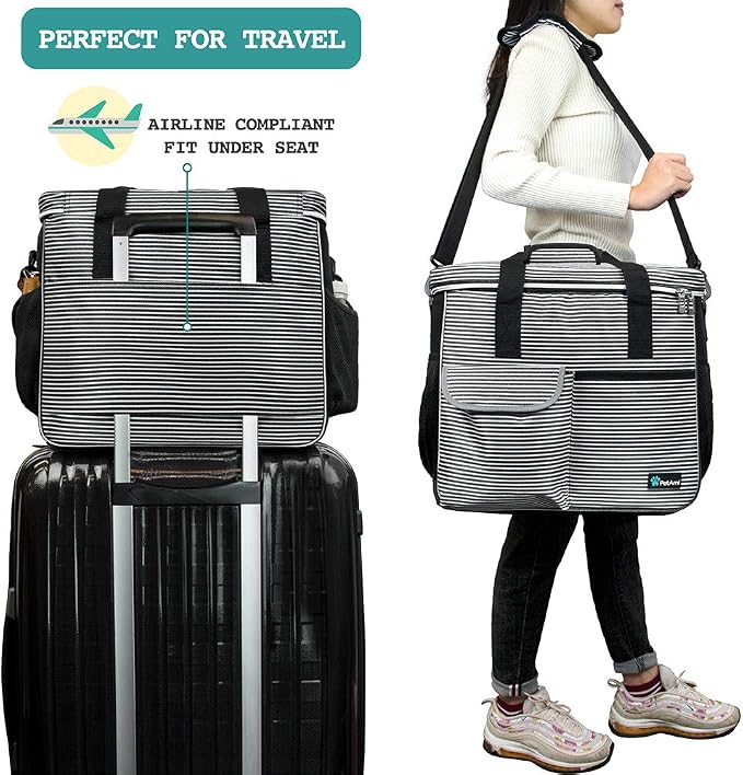 PetAmi Dog Travel Bag Organizer, Pet Supplies Tote, Stripe Black Large | Pet Travel Kit with 2 Food Containers & 2 Collapsible Dog Bowls, Luggage Sleeve, Weekend Getaway Road Trip Camping Essentials