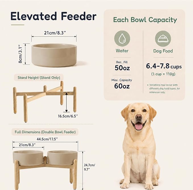 Havniva Ceramic Dog Bowls Elevated, Raised Dog Food Bowl for Small Dogs | 8.3” Elevated Dog Bowls, Non-Slip Wood Stand, Dog Food and Water Bowl Set, Dog Feeding Dish, Large Capacity Pet Water Bowl