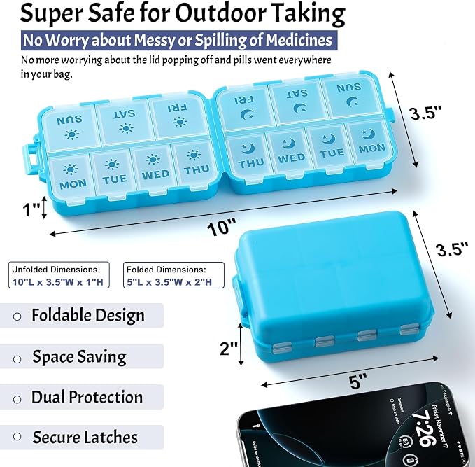 NEW Foldable & Double Protection Portable Weekly Pill Organizer 2 Times A Day with Etched Labels, AM PM 7 Day Week Medicine Box, Daily Travel Pill Case Holder Dispenser for Vitamin, Supplement - Blue