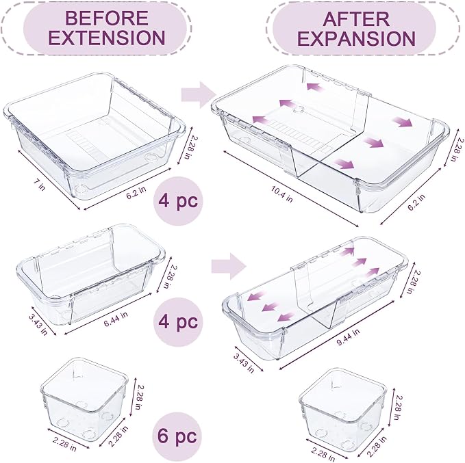 14 Pcs Adjustable Drawer Organizer, Clear Drawer Organizer Expendable | 3-Size Desk Drawer Organizer, Acrylic Storage Bins for Makeup, Cosmetic, Kitchen Utensils, Bedroom Dressers, Tool Organizer