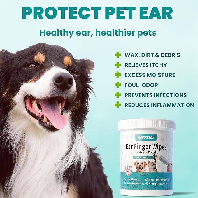 MEDUWEDU Wider Ear Cleaner Finger Wipes 60 Counts, Dog Ear Cleaner, Grooming Kit Care for Dogs and Cats,Otic Cleaning Pads, Remove Wax, Dirt & Stop Smelly, Itchy, Non-Irritating, Coconut Scent