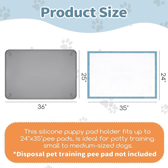 Silicone Puppy Pad Holder Tray with Clips Fits for 24"x35" Pee Pads - Grey