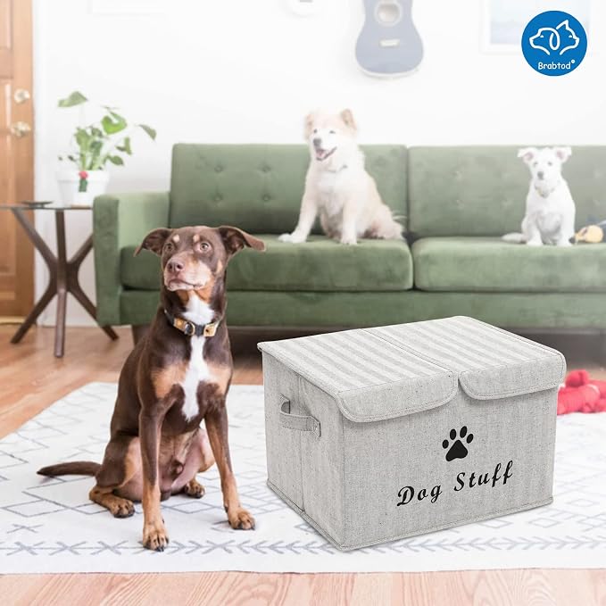 Large Dog Toys Storage Box Canvas Storage Basket Bin Organizer with Lid - Collapsible Linen Bin Ideal for Organizing Dog Cat Toys and pet Stuff-PP Boad-17" x 12" x 10" - Gray Stripe