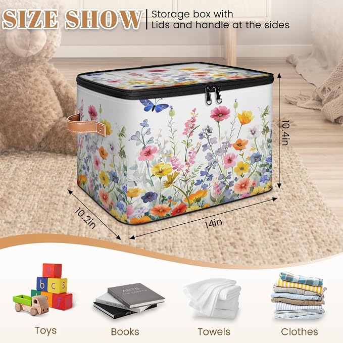Pardick Storage Bin Wildflorals Flower Storage Baskets with Zipper Lid & Handle Foldable Closet Shelf Cloth Organizer Basket Cube Bins Clothes Organizer for Nursery, Bedroom
