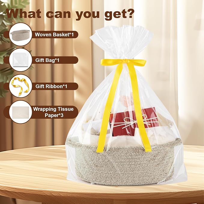 OIAHOMY Gift Basket with Handle, Small Woven Basket with Gift Bag，Ribbon and Wrap Tissue Paper，Nursery Bins Empty to Fill with Small Items, Baby，Pet Toy Organizer - Brown