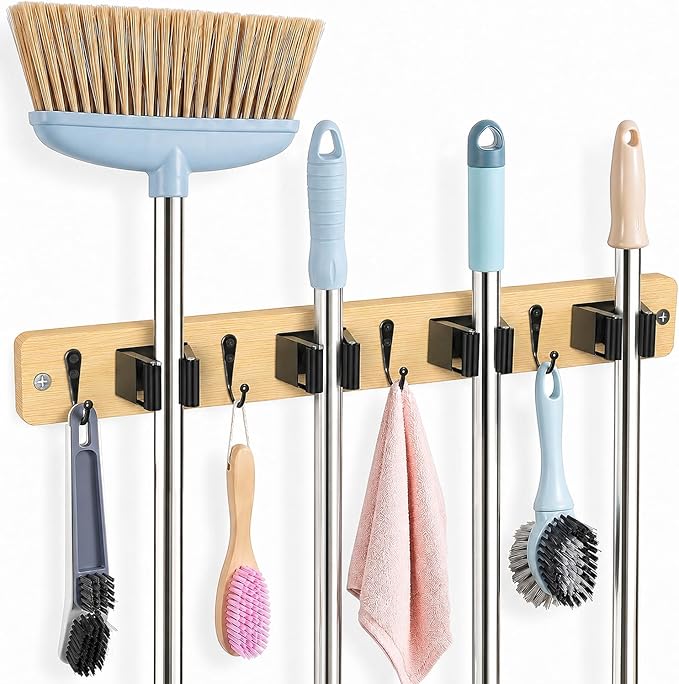 AceMining Light Wood Broom Holder Wall Mount, 4 Holders 4 Hooks Mop Holder | Mop Holder Wall Mount and Broom Hanger for Garage, Laundry Room, Kitchen and Utility Storage