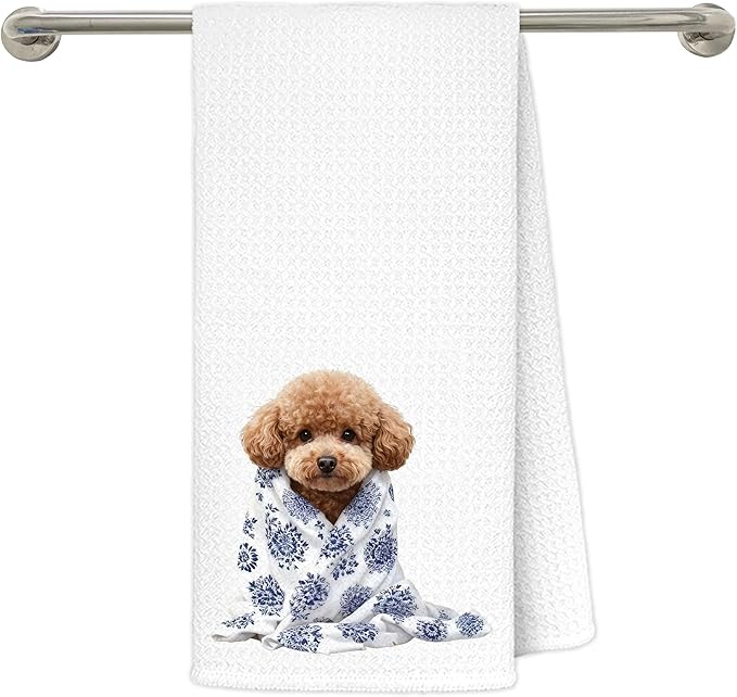 Blue Chinoiserie Poodle Kitchen Towels 16x24 in, Poodle Gifts for Women, Grandmillennial Floral Blanket Dog Decorative Hand Tea Dish Towels for Bathroom Kitchen