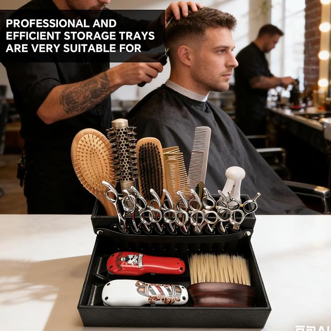 Barber Station Tray for Scissors Holder & Clippers Organizer, Barber Accessories Storage Station for Combs/Hair Clip/Trimmers, Barber Salon Home Desktop Tool Organizer(Small 11.9" x 8.8" x 4.4")