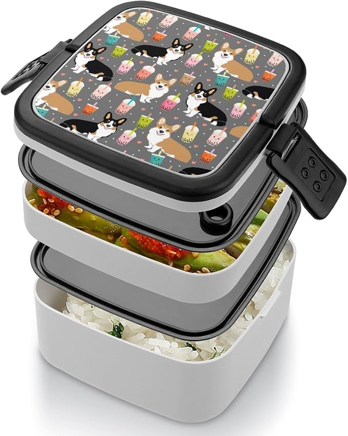 Cute Corgi Pet and Milk Tea Double Layer Bento Box, 1000ml Stackable Leakproof Lunch Container with Spoon, Portable 2-Tier Food Storage Box for Office Work Picnic Camping and Travel