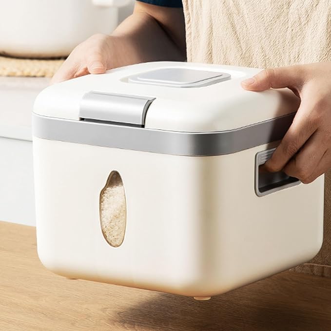 HERCHR One Button Open Cover Rice Bucket, Airtight Rice Storage Container with Visual Window Multifunctional Pet Food Dispenser Dry Food Storage Bin