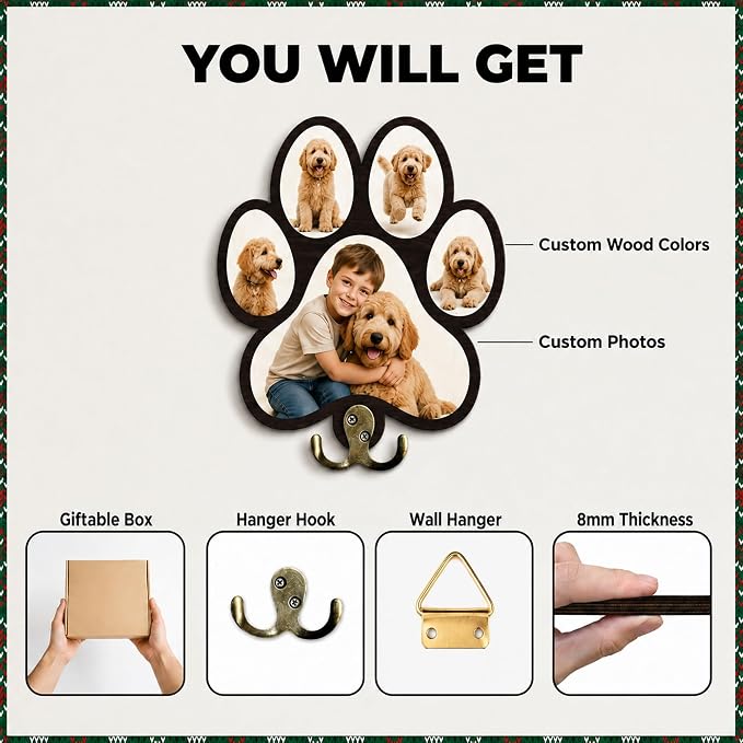 Personalized Paw Print Leash Holder for Wall Mount, Custom Wooden Dog Key Holder with Custom Photo, Pet Collar and Harness Organizer for Entryway, Key Hook Gift for Pet Lovers & Dog Owners, Home Décor