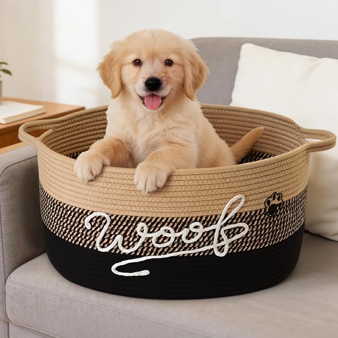 Woof Dog Toy Basket with Handles, Large Dog Toy Storage Bin with Paw Print, Woven Dog Basket for Blankets, Toys, Chews, Pet Toy Box for Nursery, Living Room, Bedroom, 20”x14”x9, Black