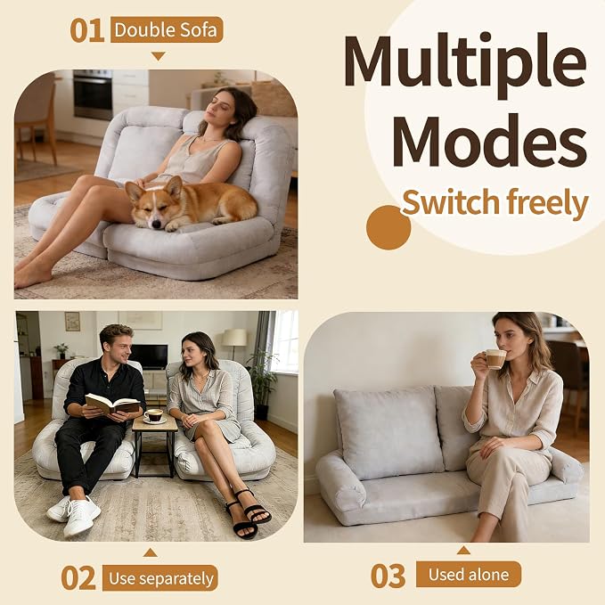Convertible Fold-Out Lazy Sofa Bed - Adjustable Human Dog Bed for Adults, Plush Upholstered Adjustable Sofa Couch with 18-Position Backrest, 2-Person Floor Sofa Bed, Space Saving Design (Double)