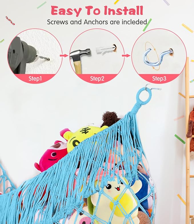 Stuffed Animal Hammock - Extra Large 63'' Long (Blue) | Premium Cotton Hand-knitted, Beautiful Long Tassel, Storage Hanging Organizer, Can Fit Stuffed Animals 40 Piece or More